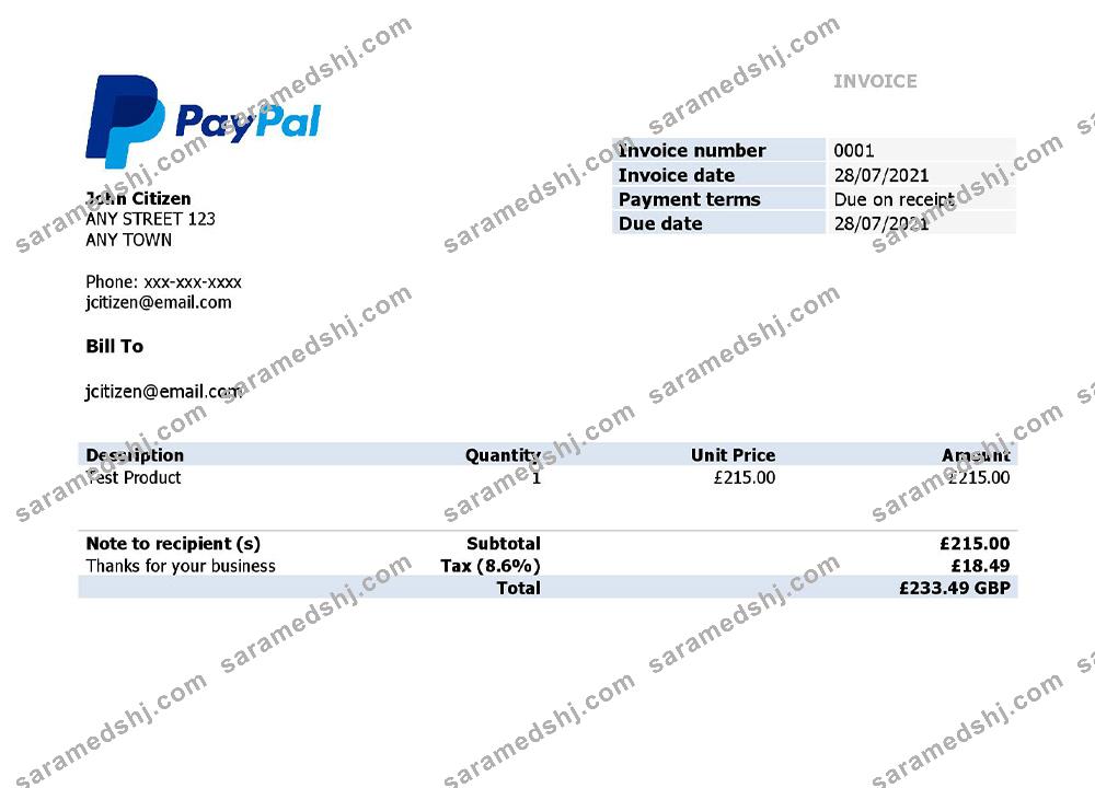 USA PayPal invoice